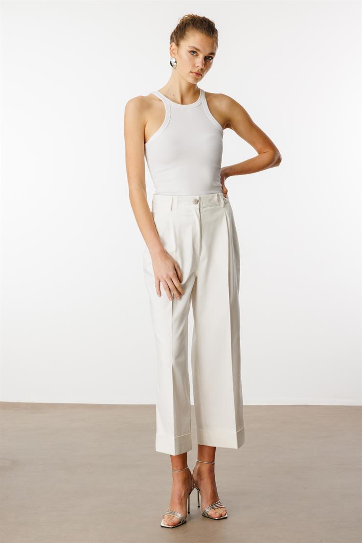 Modailgi  Yüksek Bel Pileli Bol Kesim Paçası Dubleli Pantolon - 70043 Ekru
