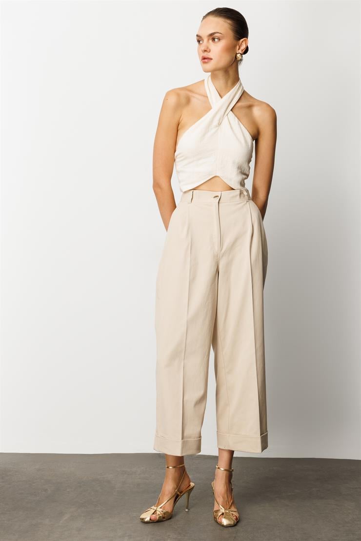 Modailgi  Yüksek Bel Pileli Bol Kesim Paçası Dubleli Pantolon - 70043 Taş