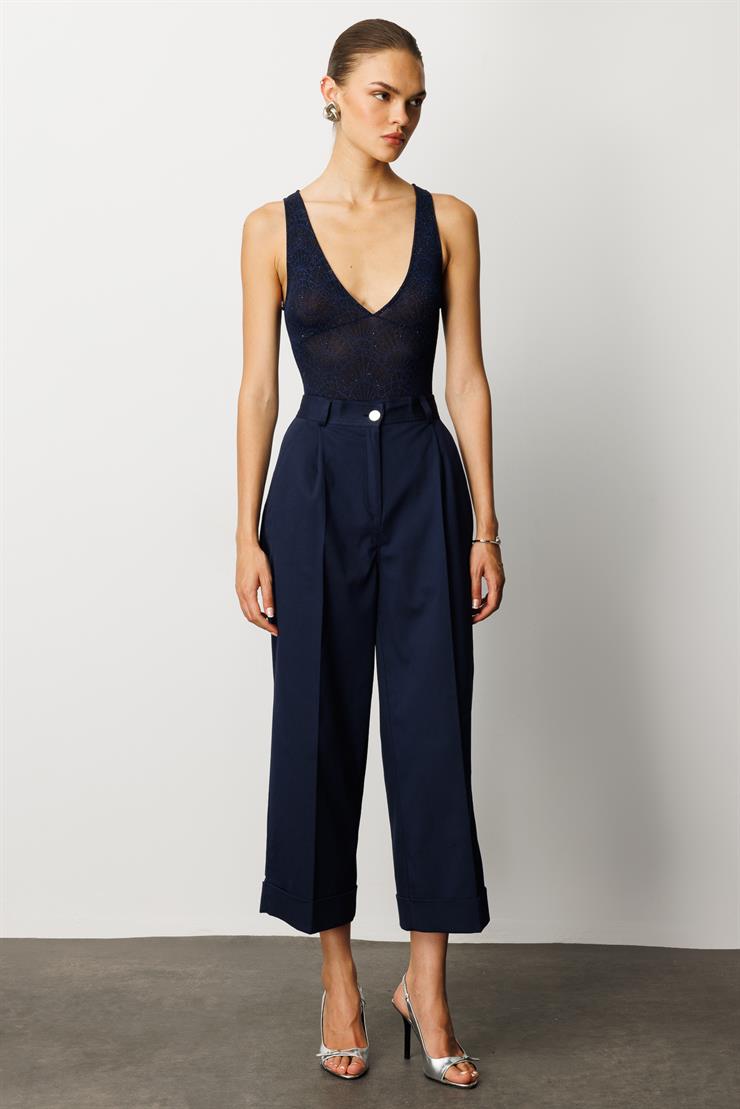 Modailgi  Yüksek Bel Pileli Bol Kesim Paçası Dubleli Pantolon - 70043 Lacivert