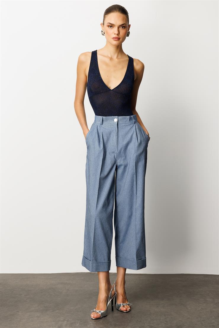 Modailgi  Yüksek Bel Pileli Bol Kesim Paçası Dubleli Pantolon - 70043 İndigo