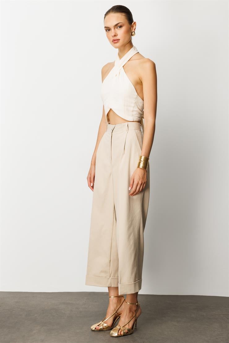 Modailgi  Yüksek Bel Pileli Bol Kesim Paçası Dubleli Pantolon - 70043 Taş