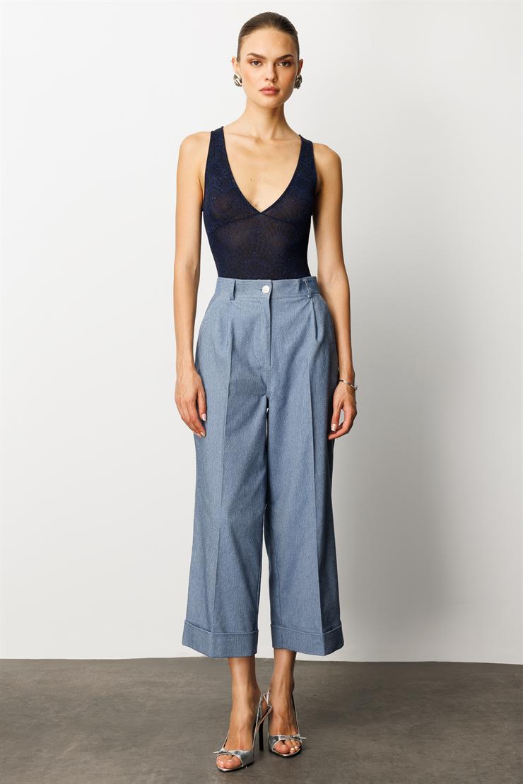 Modailgi  Yüksek Bel Pileli Bol Kesim Paçası Dubleli Pantolon - 70043 İndigo