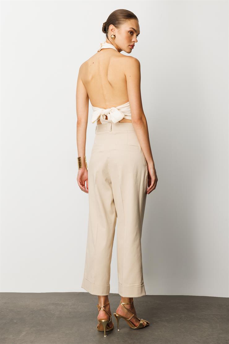 Modailgi  Yüksek Bel Pileli Bol Kesim Paçası Dubleli Pantolon - 70043 Taş