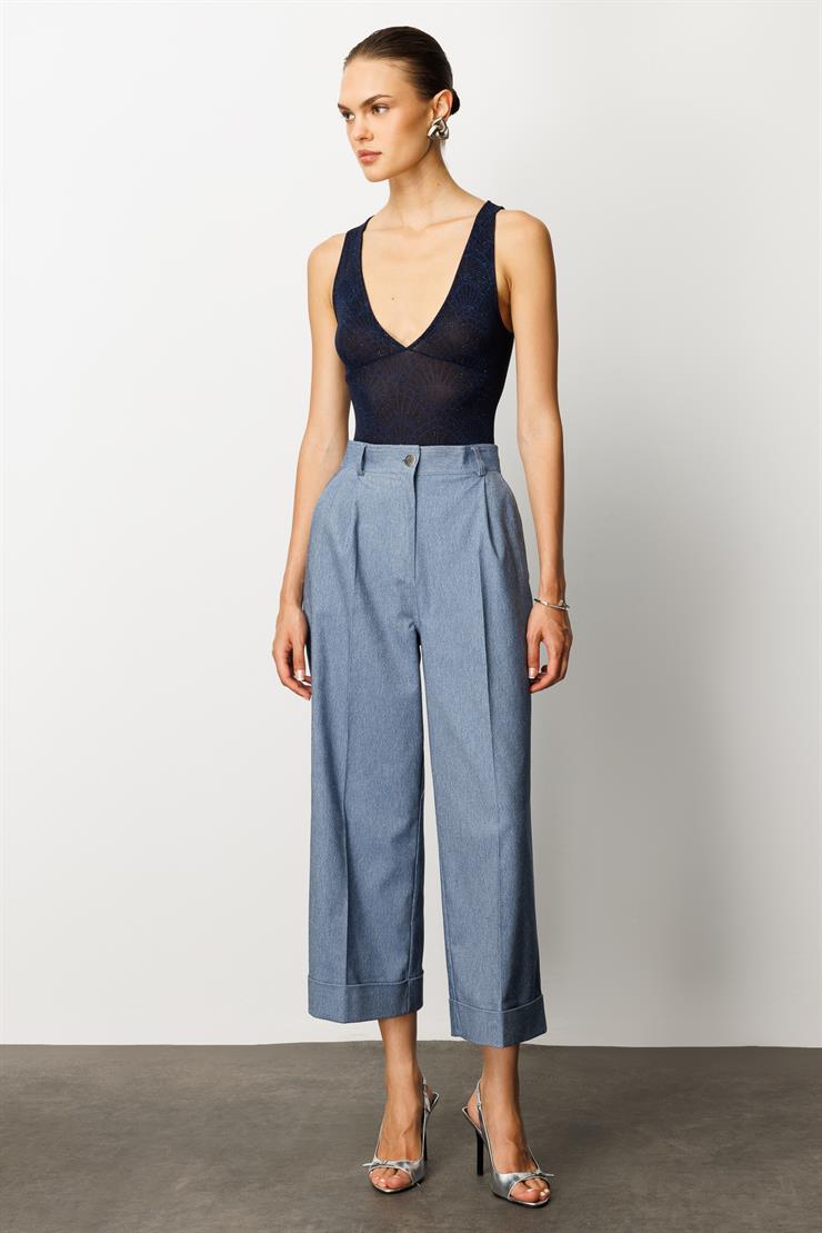 Modailgi  Yüksek Bel Pileli Bol Kesim Paçası Dubleli Pantolon - 70043 İndigo