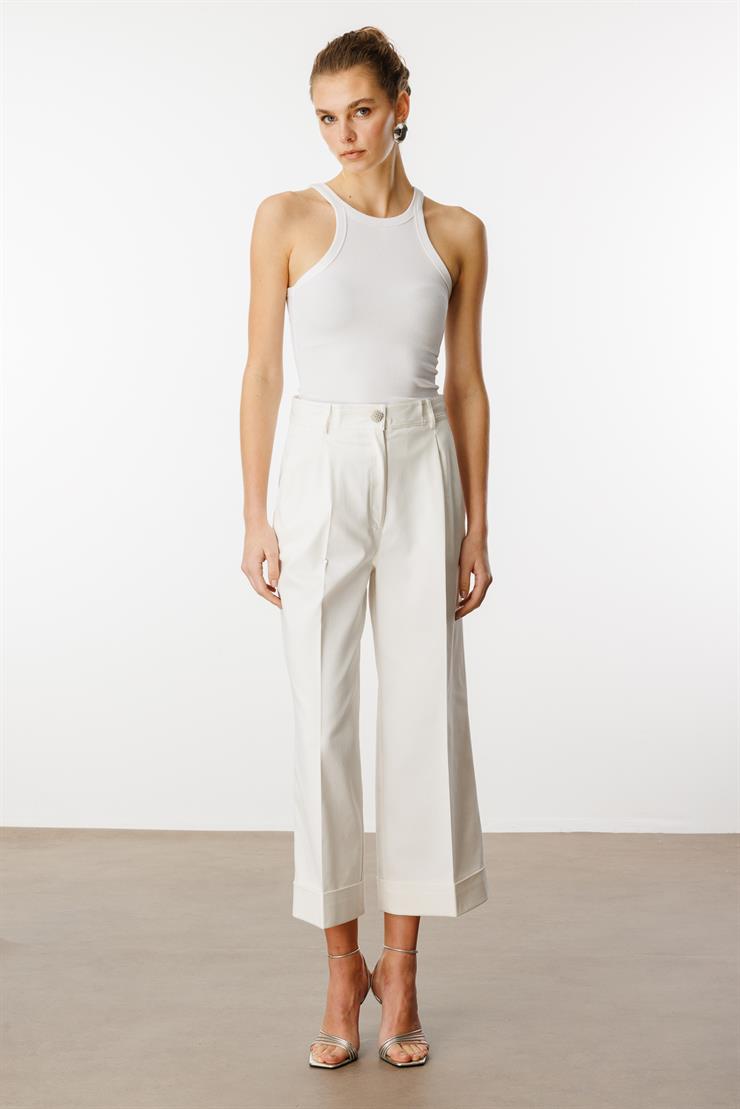 Modailgi  Yüksek Bel Pileli Bol Kesim Paçası Dubleli Pantolon - 70043 Ekru