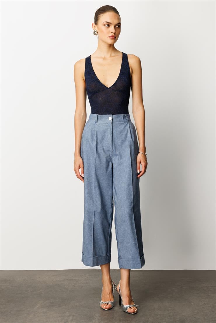 Modailgi  Yüksek Bel Pileli Bol Kesim Paçası Dubleli Pantolon - 70043 İndigo