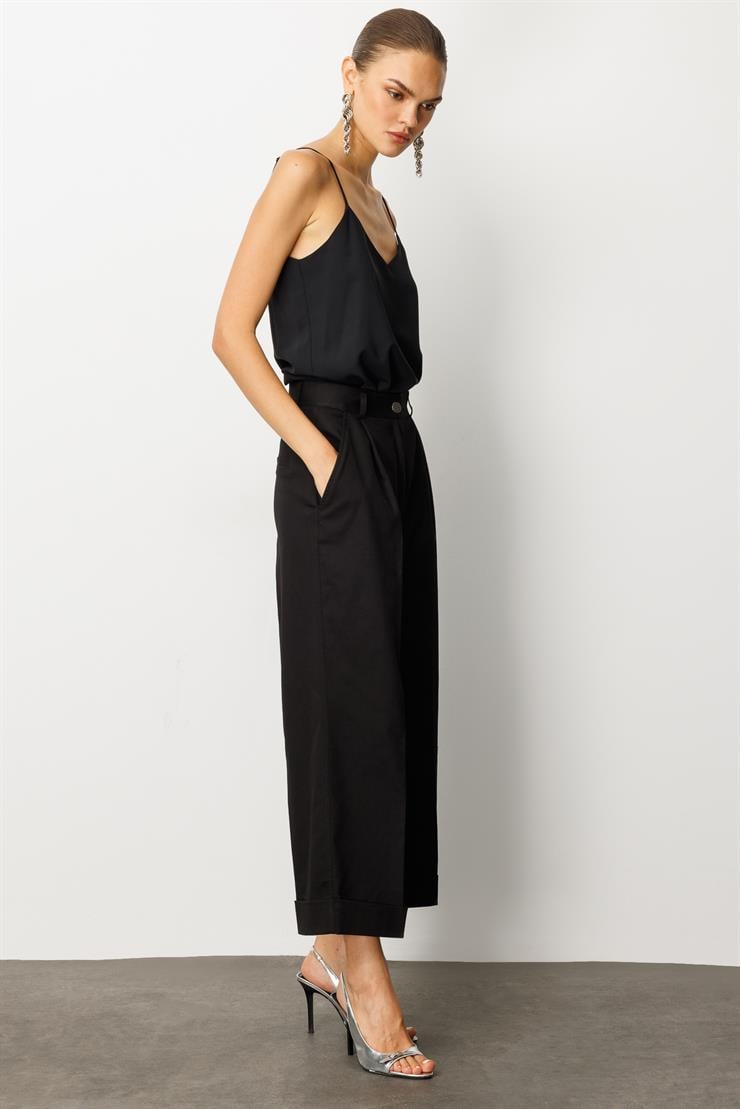 Modailgi  Yüksek Bel Pileli Bol Kesim Paçası Dubleli Pantolon - 70043 Siyah