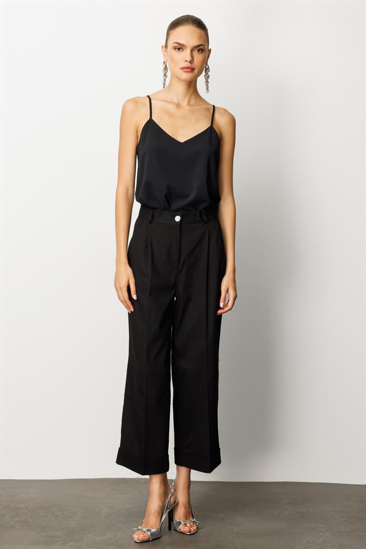 Modailgi  Yüksek Bel Pileli Bol Kesim Paçası Dubleli Pantolon - 70043 Siyah