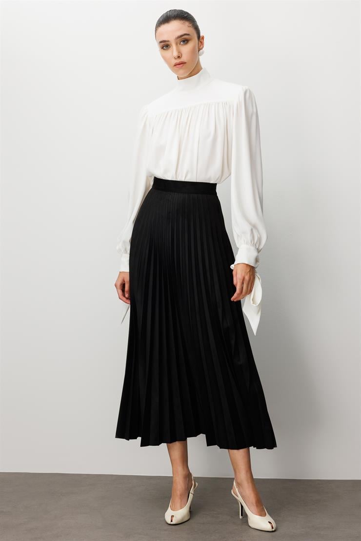 Modailgi  Yüksek Bel Plisoley Pliseli Uzun Süet Etek Siyah