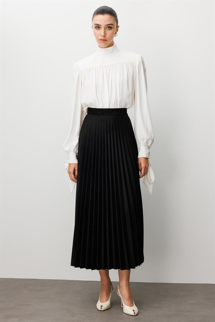 Modailgi  Yüksek Bel Plisoley Pliseli Uzun Süet Etek Siyah