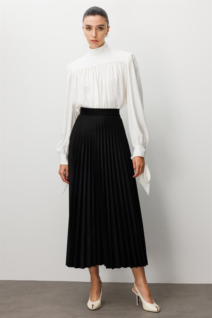Modailgi  Yüksek Bel Plisoley Pliseli Uzun Süet Etek Siyah