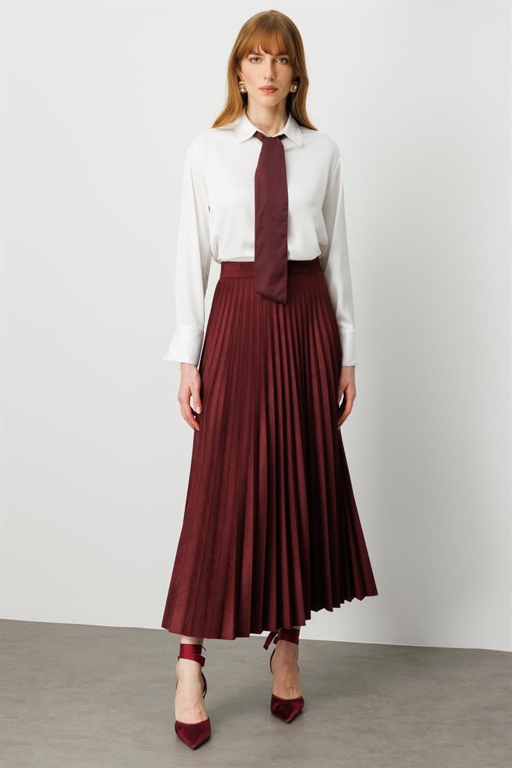 Modailgi  Yüksek Bel Plisoley Pliseli Uzun Süet Etek Bordo