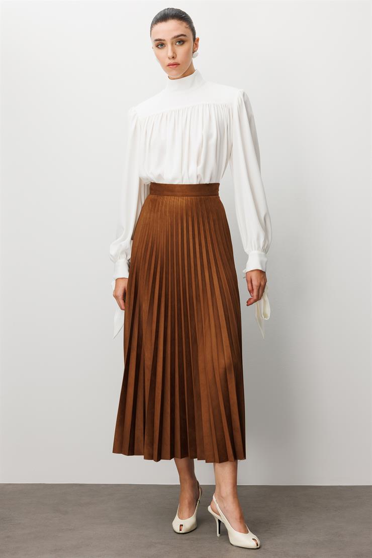 Modailgi  Yüksek Bel Plisoley Pliseli Uzun Süet Etek Taba