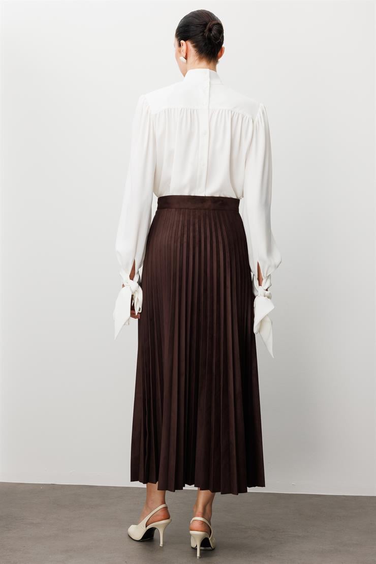 Modailgi  Yüksek Bel Plisoley Pliseli Uzun Süet Etek Kahve