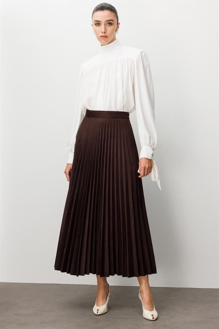 Modailgi  Yüksek Bel Plisoley Pliseli Uzun Süet Etek Kahve