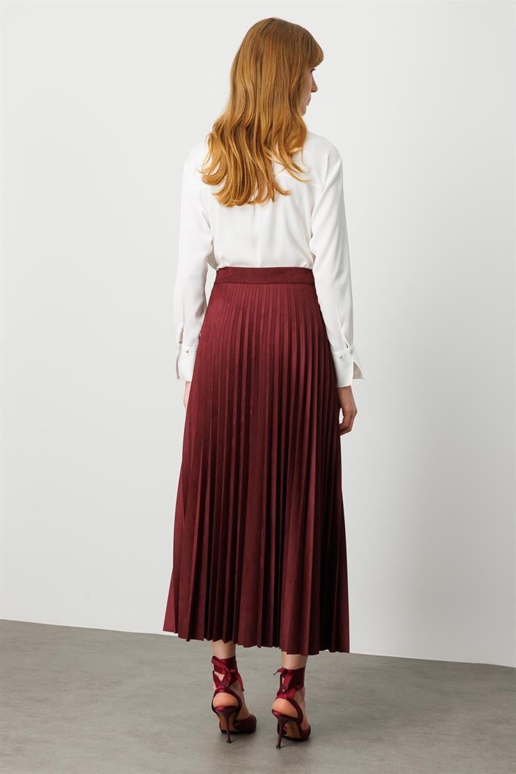 Modailgi  Yüksek Bel Plisoley Pliseli Uzun Süet Etek Bordo