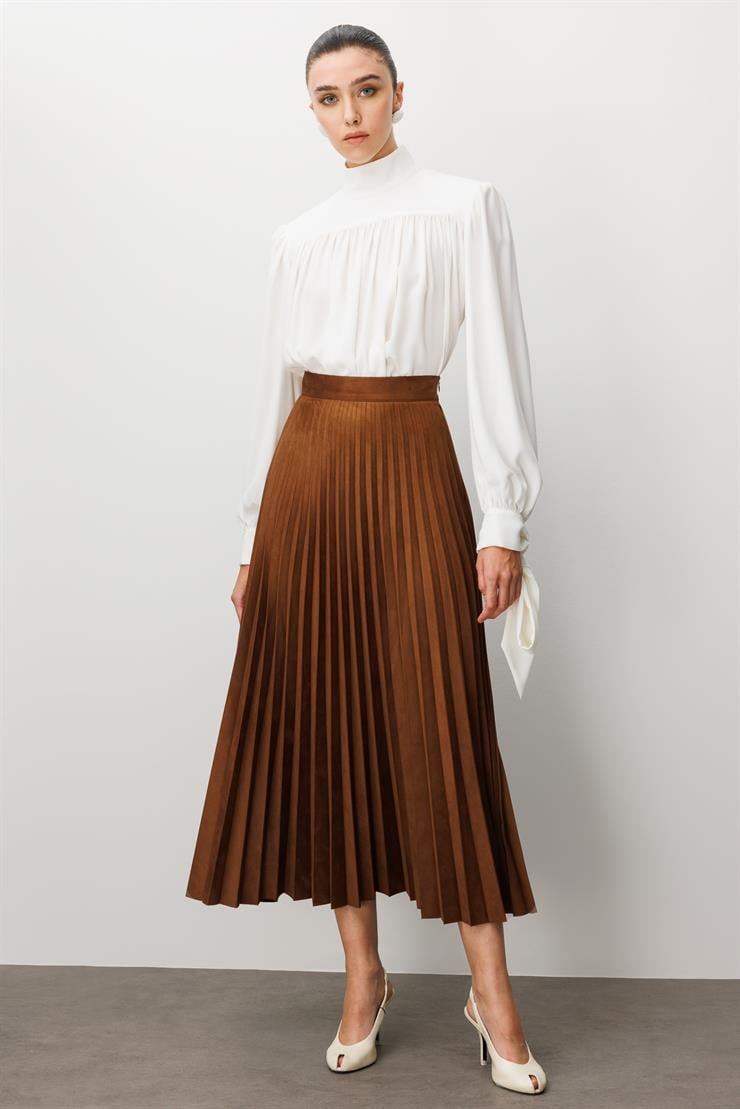 Modailgi  Yüksek Bel Plisoley Pliseli Uzun Süet Etek Taba