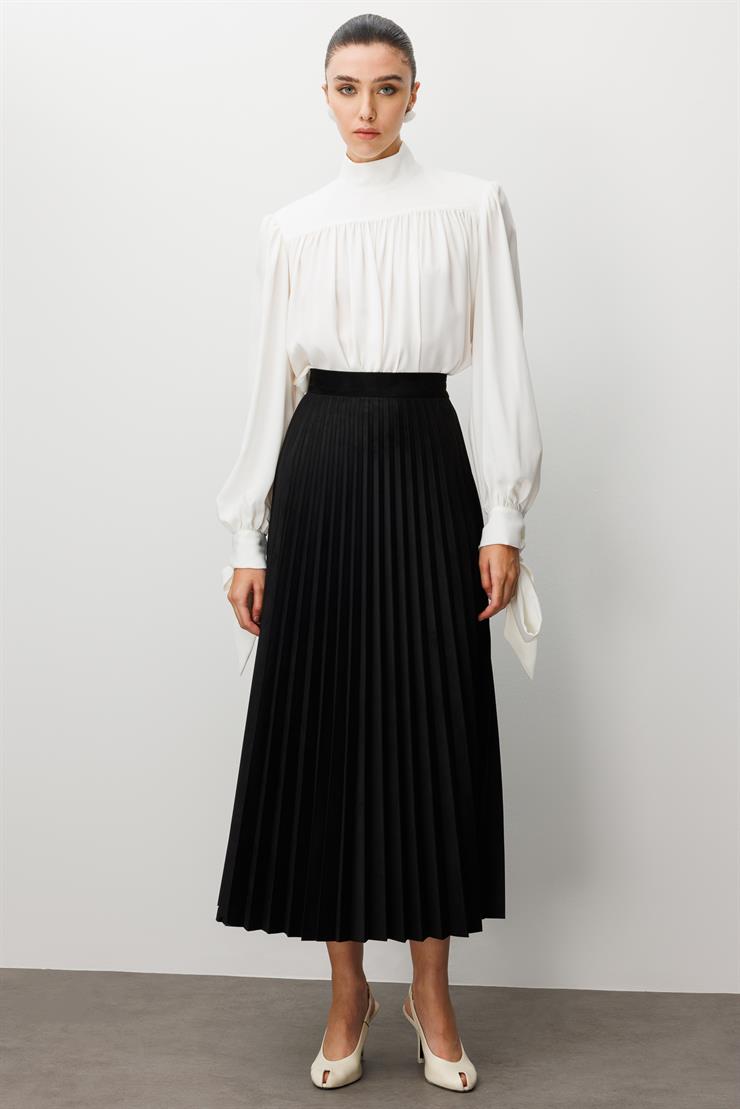 Modailgi  Yüksek Bel Plisoley Pliseli Uzun Süet Etek Siyah