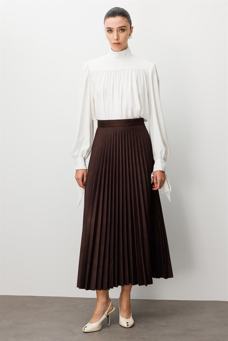 Modailgi  Yüksek Bel Plisoley Pliseli Uzun Süet Etek Kahve