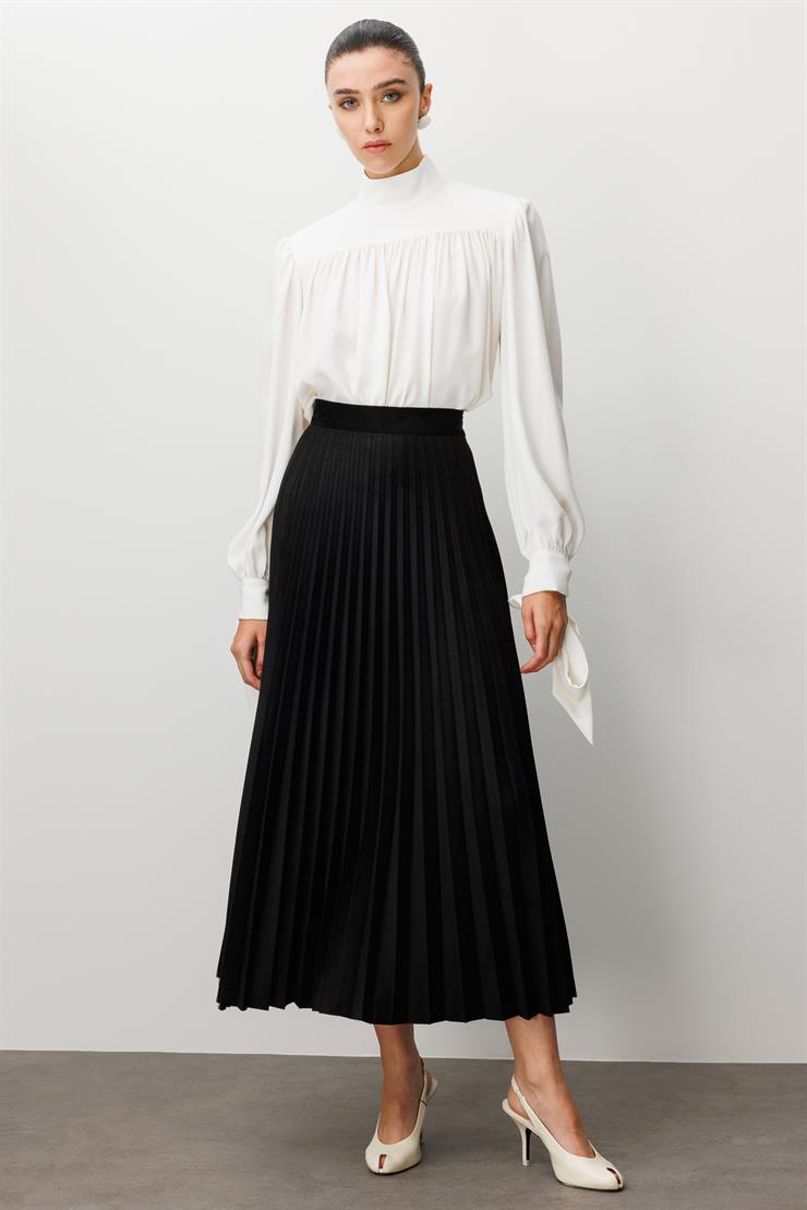 Modailgi  Yüksek Bel Plisoley Pliseli Uzun Süet Etek Siyah