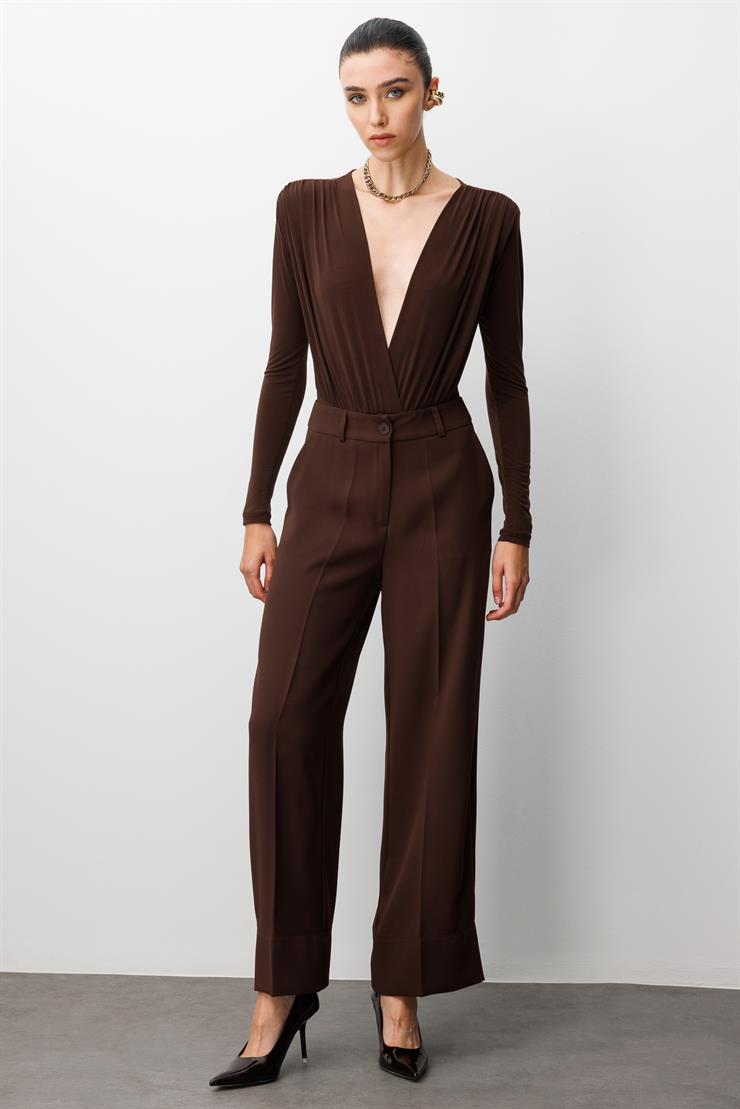 Modailgi  Yüksek Bel Yandan Cepli Paçası Ek Ve Dikiş Detaylı Plazzo Pantolon - 15045 Kahve