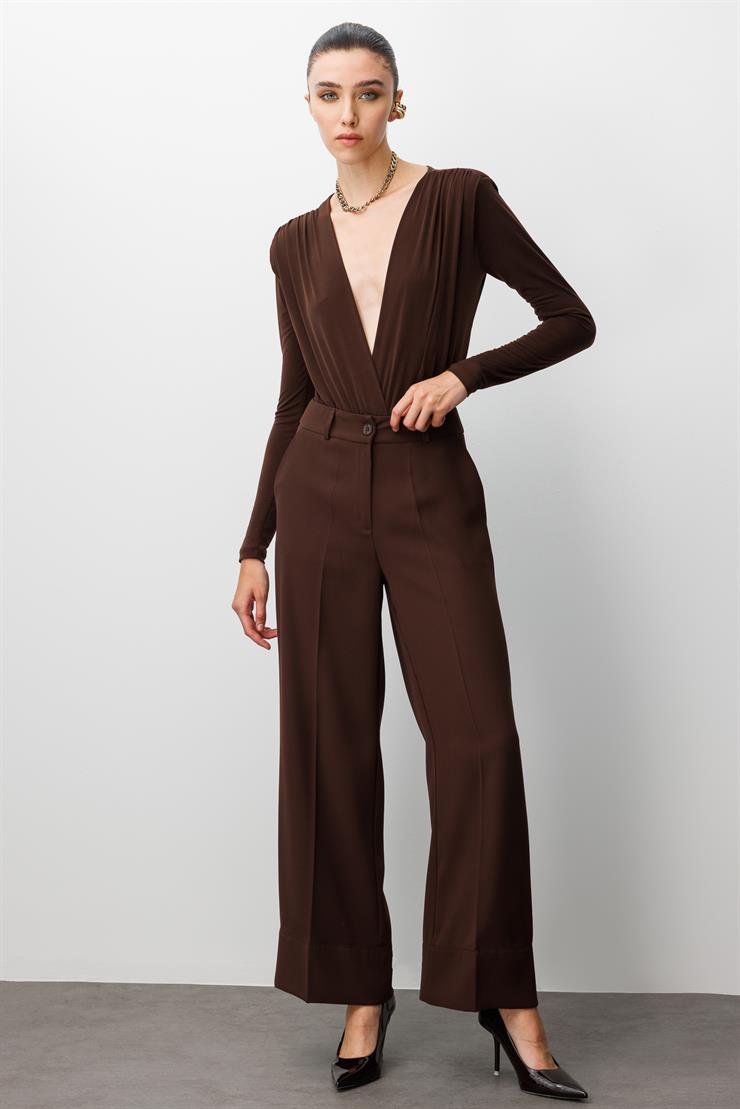 Modailgi  Yüksek Bel Yandan Cepli Paçası Ek Ve Dikiş Detaylı Plazzo Pantolon - 15045 Kahve