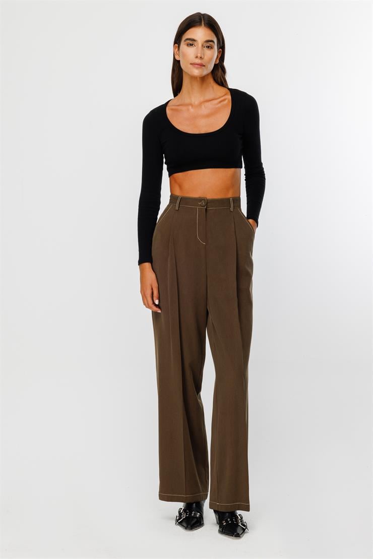Modailgi  Yüksek Bel Yandan Cepli Pileli Pantolon - 7054 Haki