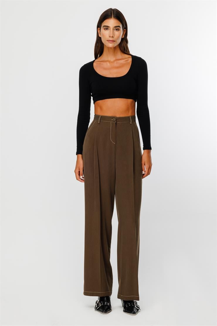 Modailgi  Yüksek Bel Yandan Cepli Pileli Pantolon - 7054 Haki