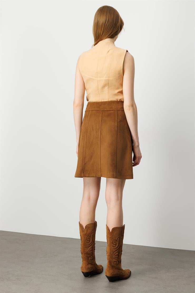 Modailgi  Yüksek Bel Yandan Cepli Spor Dikişli Kısa Çan Etek Taba