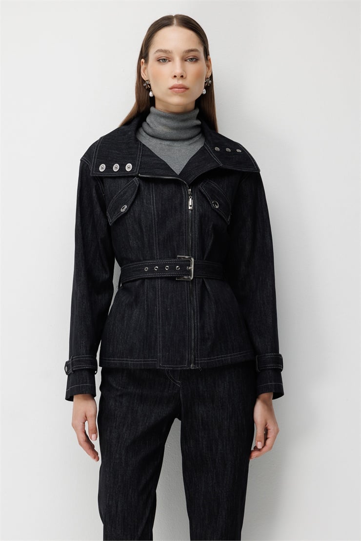 Modailgi  Yüksek Yaka Fermuar Kapamalı Kısa Denim Ceket - 40131 Siyah