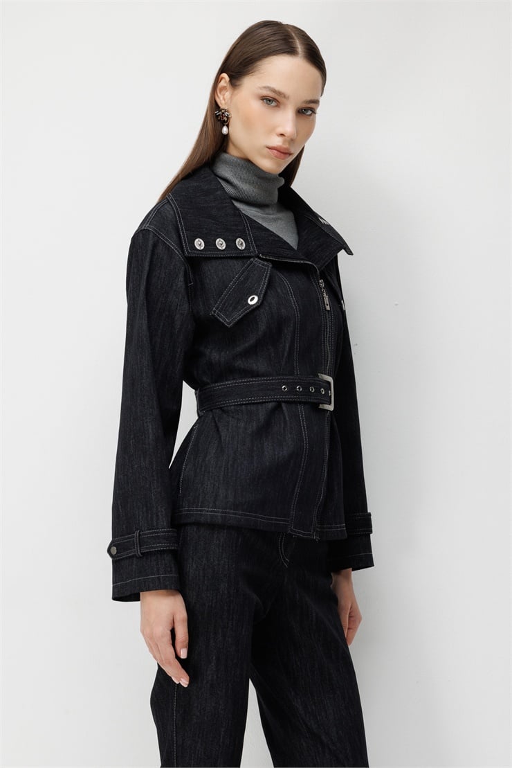Modailgi  Yüksek Yaka Fermuar Kapamalı Kısa Denim Ceket - 40131 Siyah