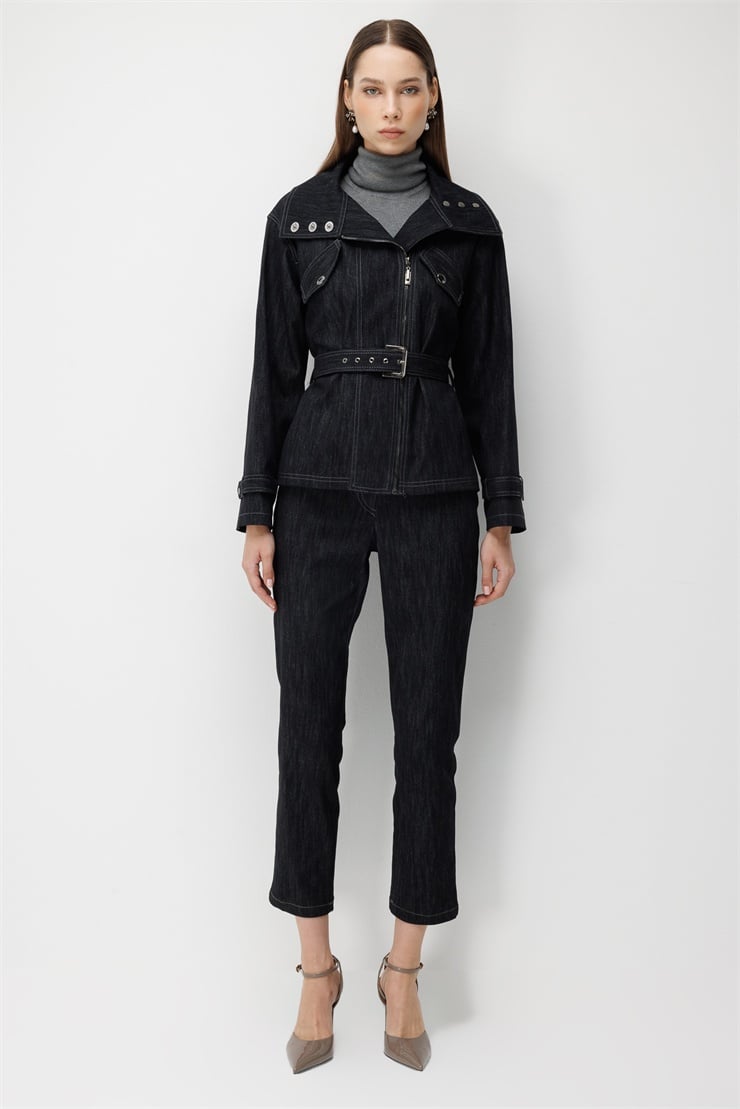 Modailgi  Yüksek Yaka Fermuar Kapamalı Kısa Denim Ceket - 40131 Siyah