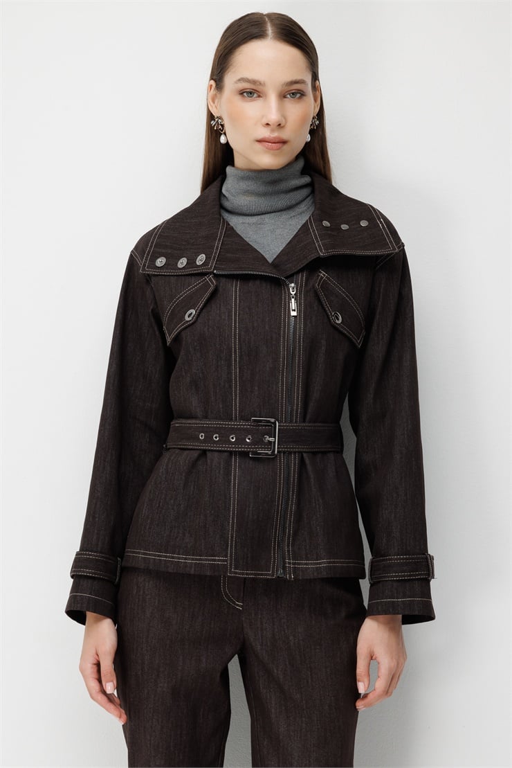 Modailgi  Yüksek Yaka Fermuar Kapamalı Kısa Denim Ceket - 40131 Kahve