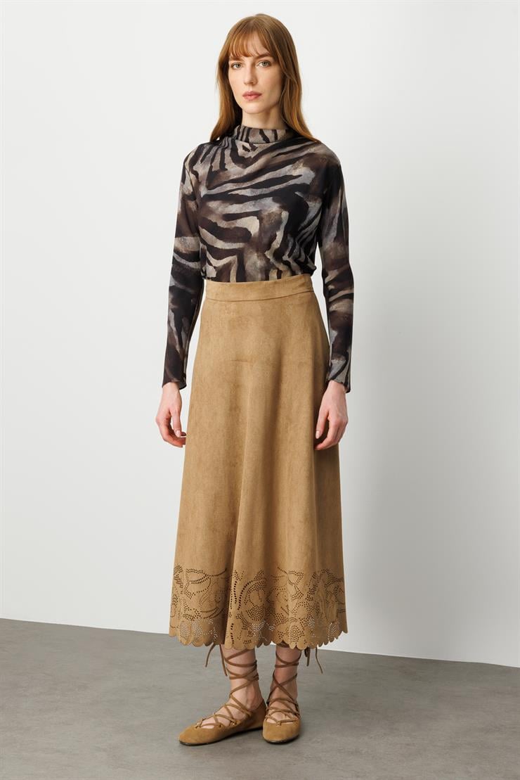 Modailgi  Yüksel Bel Etek Ucu Lazer Kesim Detaylı Midi Boy Süet Etek Vizon