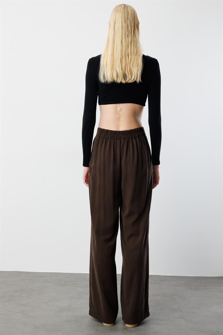 Modailgi  Yüksel Bel Yandan Cepli İnci Detaylı Plazzo Pantolon - 15041 Kahve