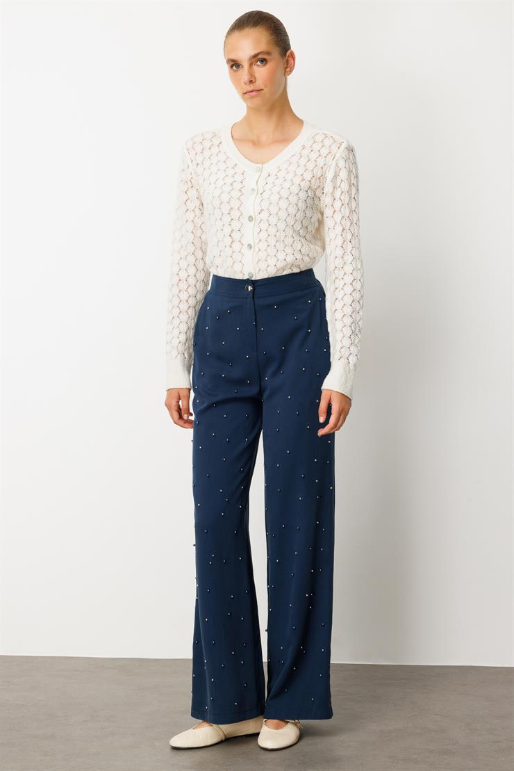 Modailgi  Yüksel Bel Yandan Cepli İnci Detaylı Plazzo Pantolon - 15041 İndigo