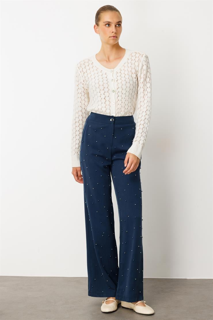 Modailgi  Yüksel Bel Yandan Cepli İnci Detaylı Plazzo Pantolon - 15041 İndigo