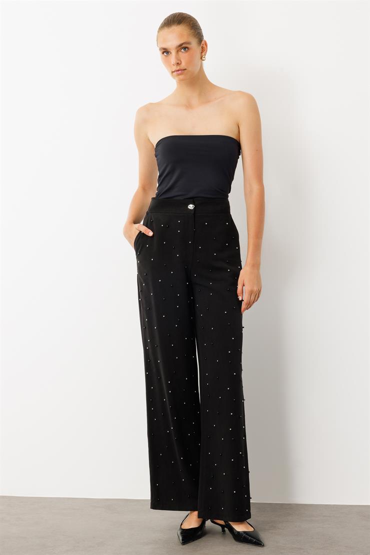 Modailgi  Yüksel Bel Yandan Cepli İnci Detaylı Plazzo Pantolon - 15041 Siyah