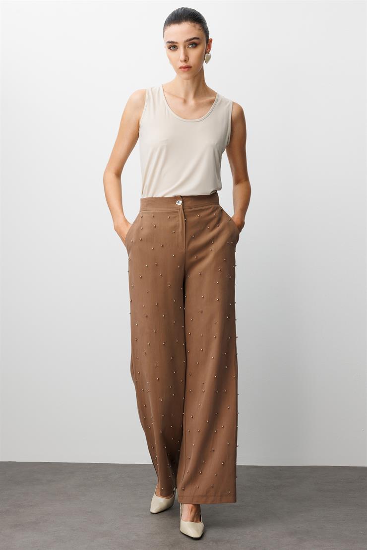 Modailgi  Yüksel Bel Yandan Cepli İnci Detaylı Plazzo Pantolon - 15041 Vizon