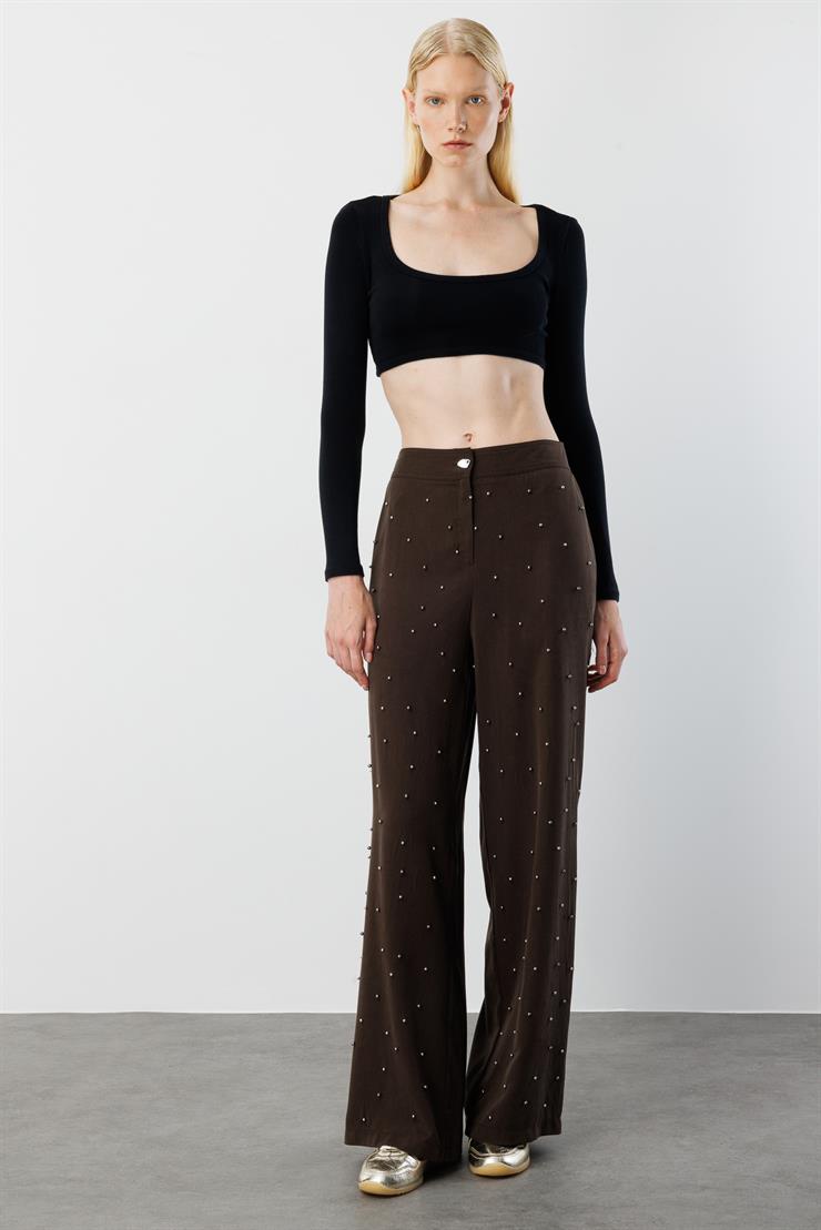 Modailgi  Yüksel Bel Yandan Cepli İnci Detaylı Plazzo Pantolon - 15041 Kahve