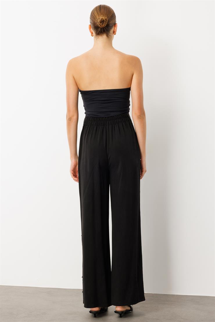 Modailgi  Yüksel Bel Yandan Cepli İnci Detaylı Plazzo Pantolon - 15041 Siyah