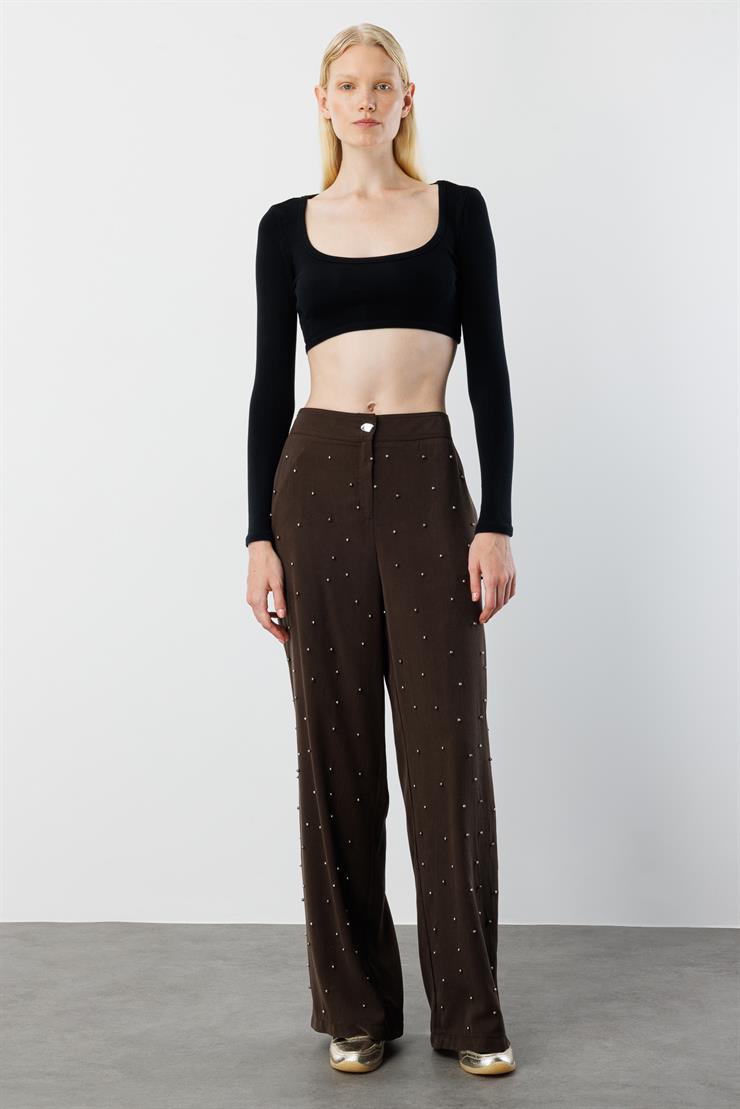 Modailgi  Yüksel Bel Yandan Cepli İnci Detaylı Plazzo Pantolon - 15041 Kahve