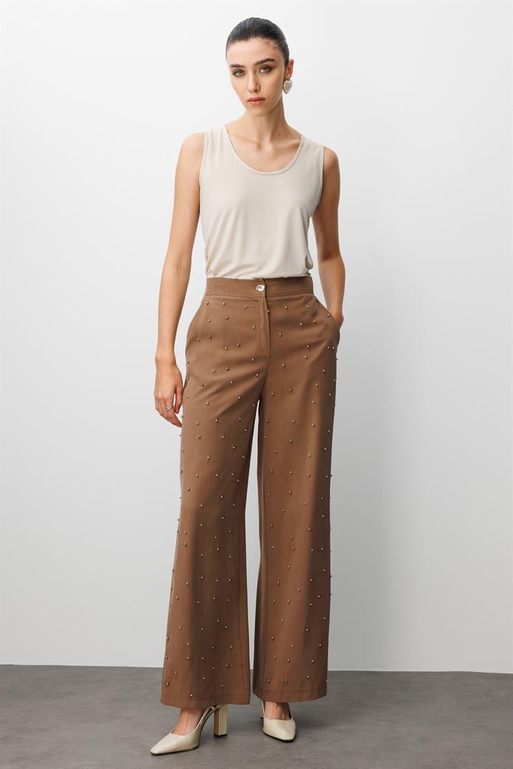 Modailgi  Yüksel Bel Yandan Cepli İnci Detaylı Plazzo Pantolon - 15041 Vizon