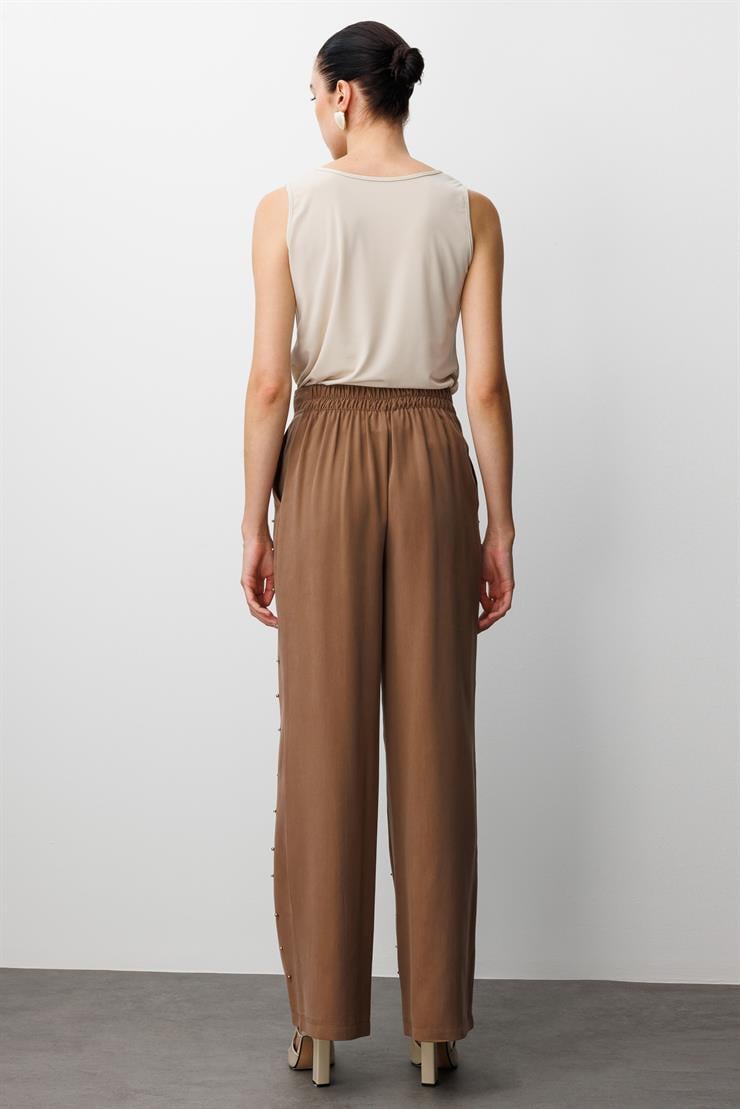 Modailgi  Yüksel Bel Yandan Cepli İnci Detaylı Plazzo Pantolon - 15041 Vizon