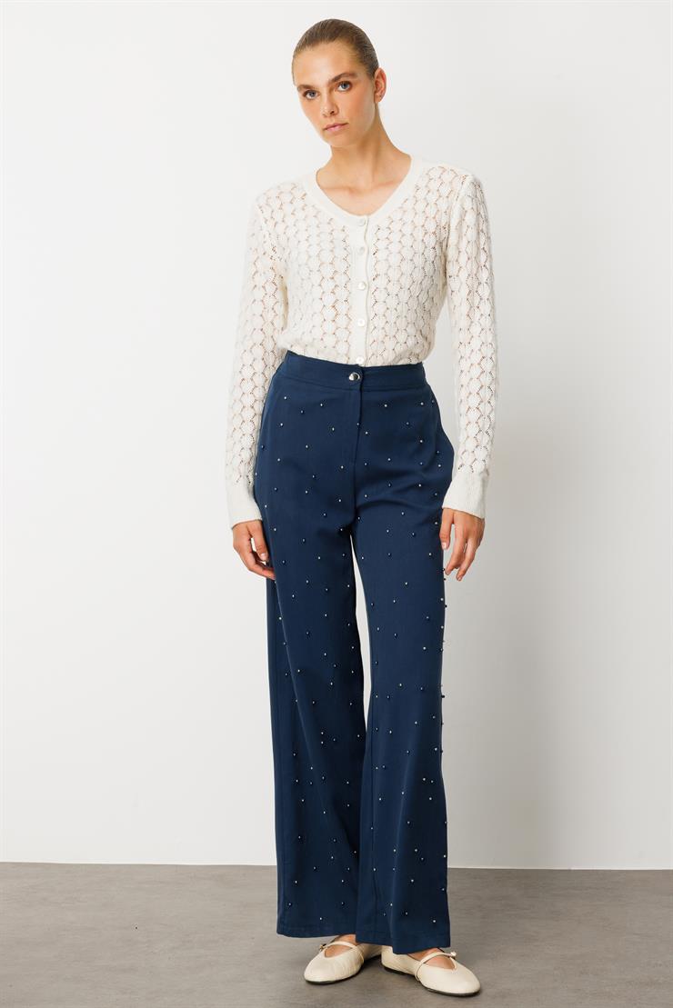 Modailgi  Yüksel Bel Yandan Cepli İnci Detaylı Plazzo Pantolon - 15041 İndigo