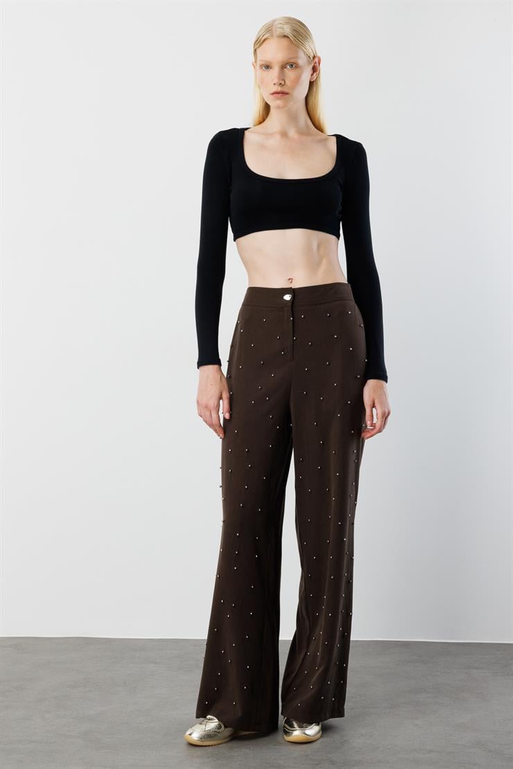 Modailgi  Yüksel Bel Yandan Cepli İnci Detaylı Plazzo Pantolon - 15041 Kahve