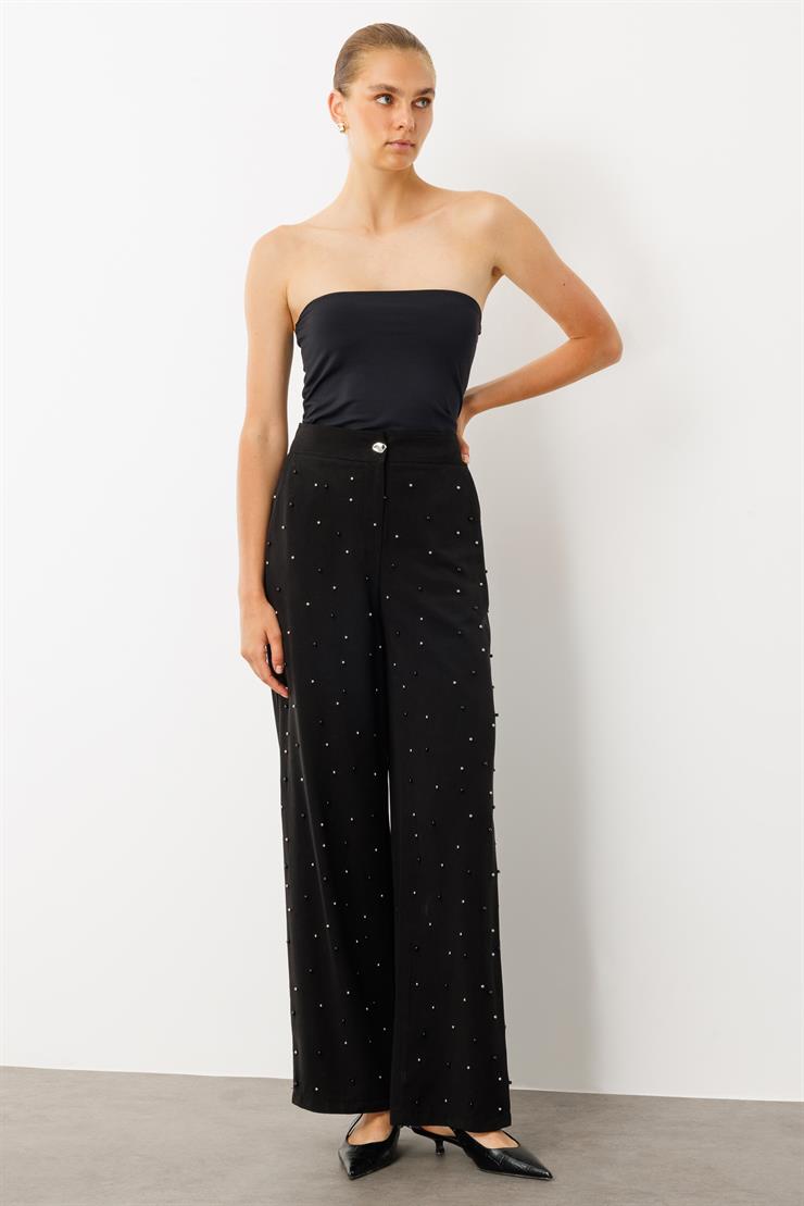 Modailgi  Yüksel Bel Yandan Cepli İnci Detaylı Plazzo Pantolon - 15041 Siyah