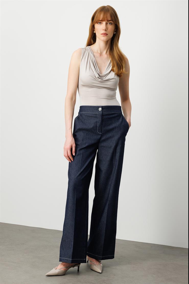 Modailgi  Yüksel Bel Yandan Cepli Tencel Kot Plazzo Kalıp Pantolon - 15053 Lacivert