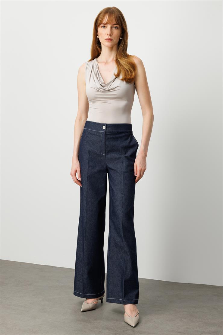 Modailgi  Yüksel Bel Yandan Cepli Tencel Kot Plazzo Kalıp Pantolon - 15053 Lacivert