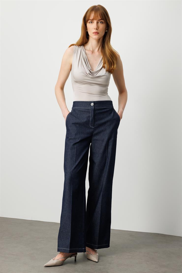 Modailgi  Yüksel Bel Yandan Cepli Tencel Kot Plazzo Kalıp Pantolon - 15053 Lacivert